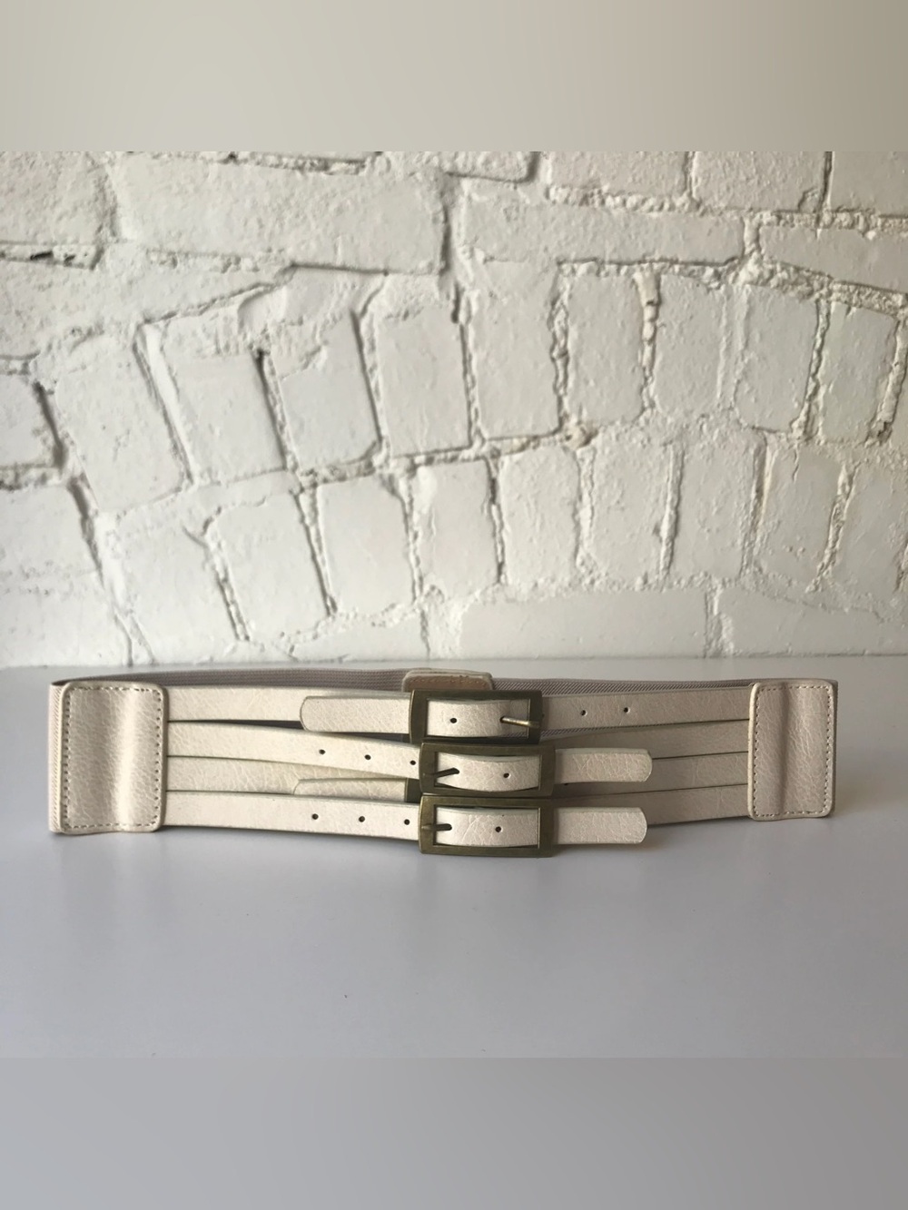 Women's Faux Leather Belt 4 Buckles Corset Beige Tan Size Large